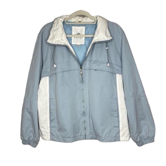 80s 90s Vintage NUAGE Hoodie High Neck Zip Closure Soft Jacket Powder Blue White - Picture 1 of 16